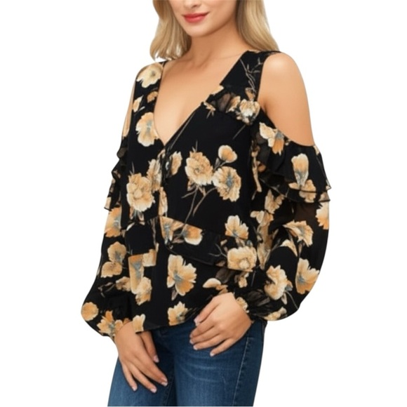 VENUS Tops - Venus Black Floral Cold Shoulder Blouse Women's Size 14